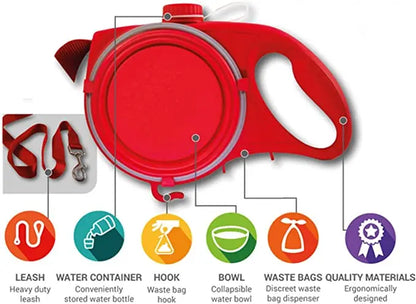 Multi-purpose dog leash, water bottle, bowl and poop bag dispenser