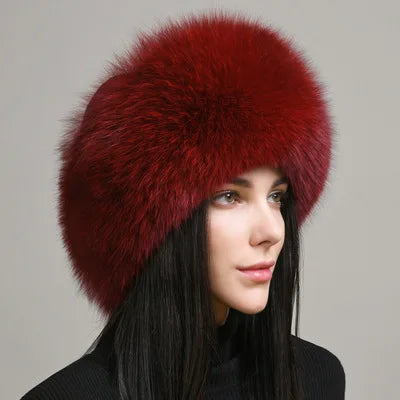 Women's genuine fox fur hat with earflaps, thick luxury winter hat