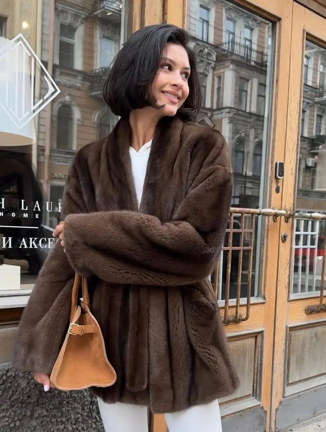 Luxurious faux fur coat for women, stylish lace trim detail