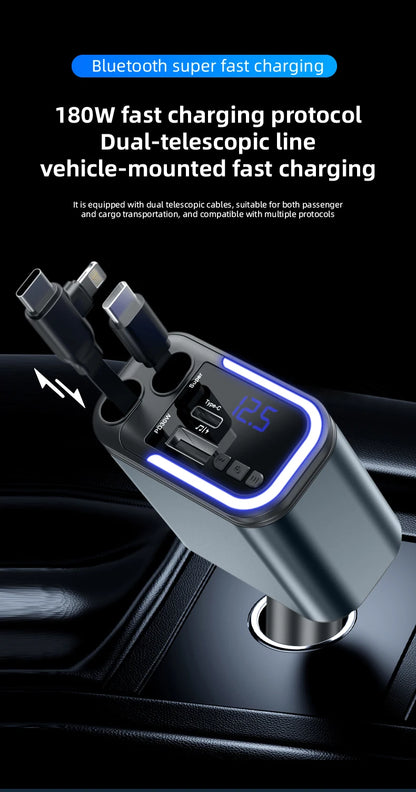 5-in-1 180W Autolaturi – Bluetooth 5.0 FM-lähetin, Pikalataus ja LED-valaistus