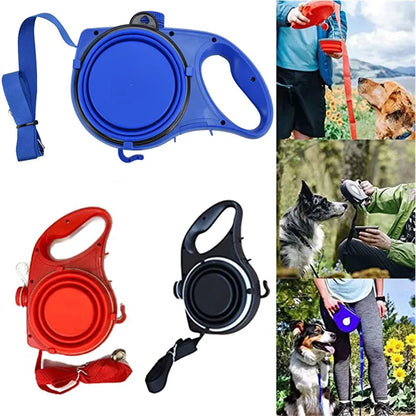 Multi-purpose dog leash, water bottle, bowl and poop bag dispenser