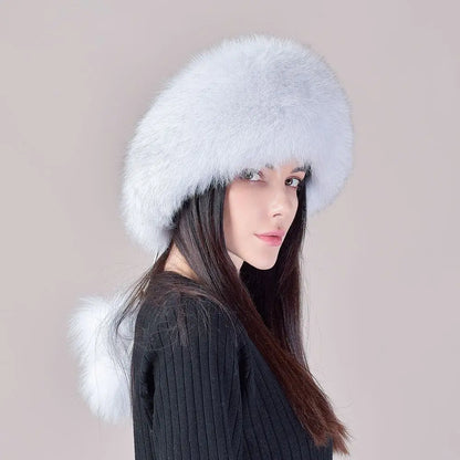 Women's genuine fox fur hat with earflaps, thick luxury winter hat