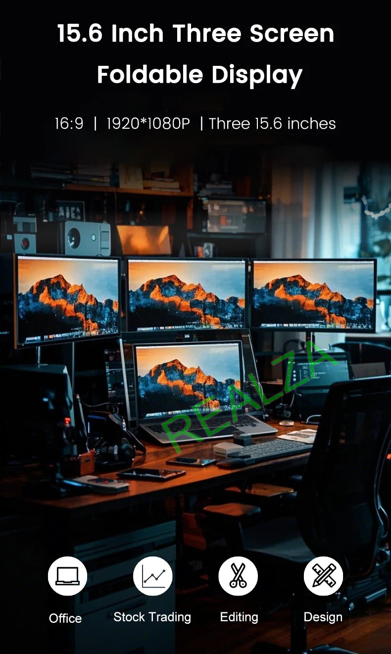 Triple-screen portable monitor, 15.6" Full HD IPS displays