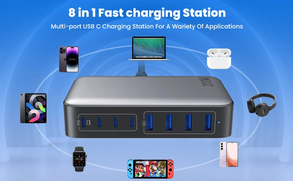 200W Pikalatausasema – 8-porttinen USB-C-keskitin 65W PD-laturilla
