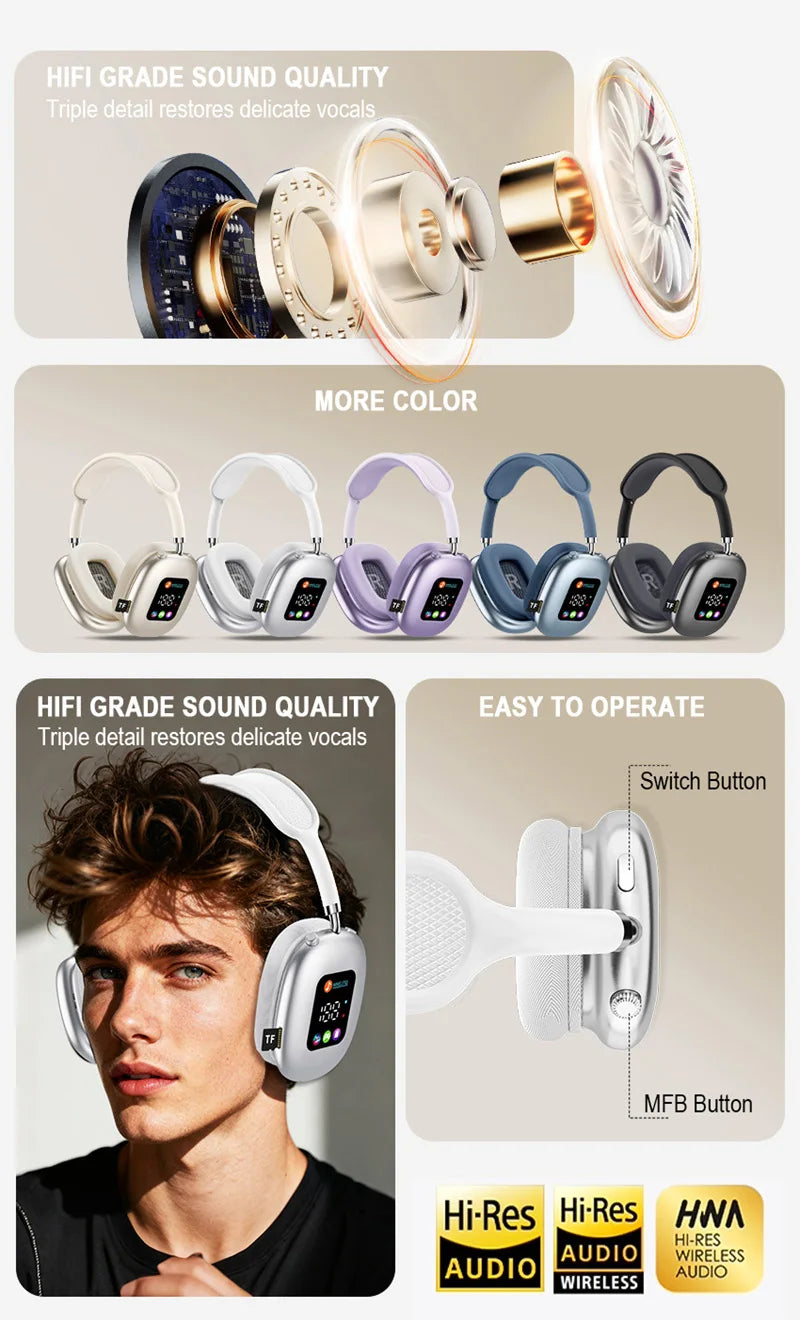 Premium wireless headphones with RGB display, memory card reader