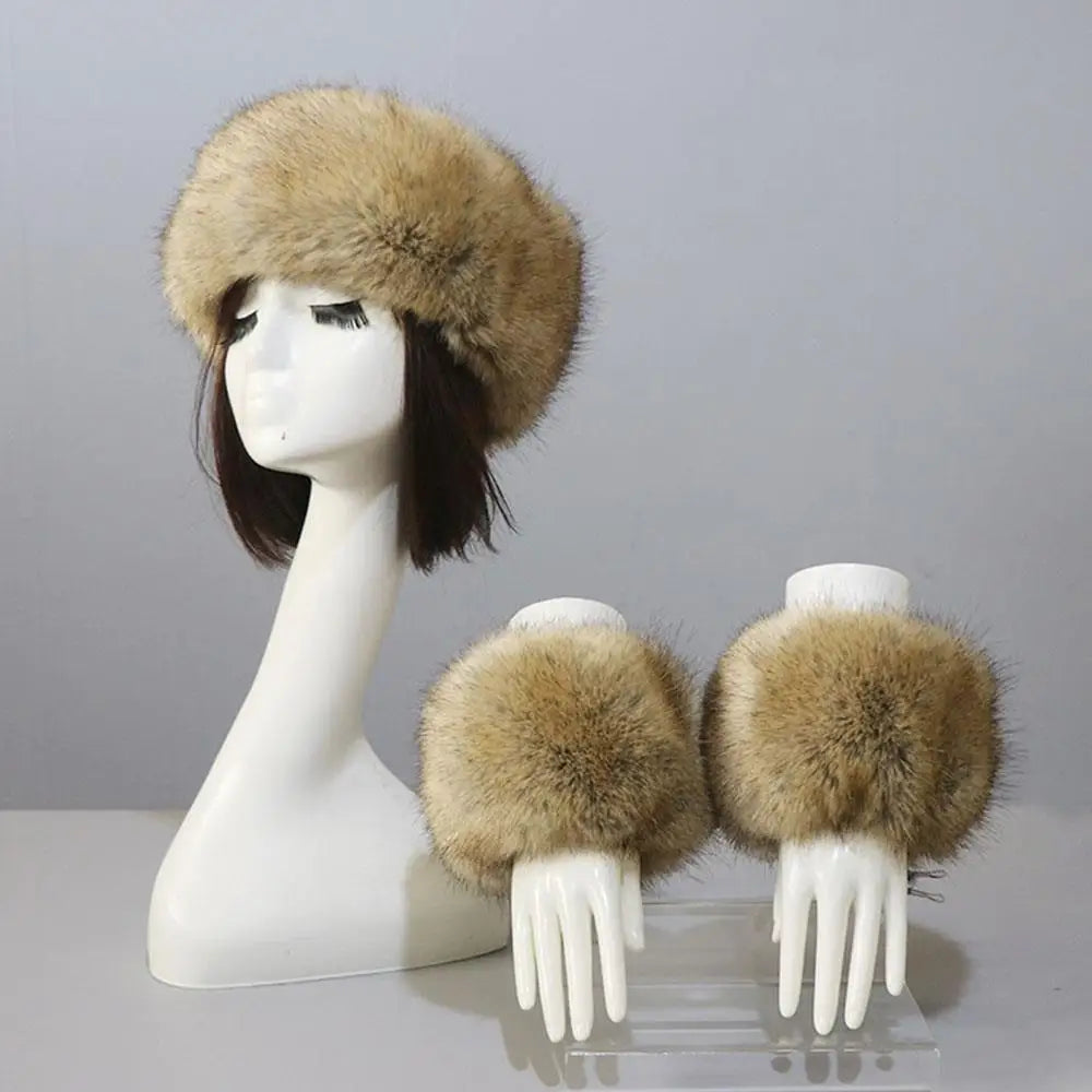 Women's fox fur coat 3-piece winter set, headband, hat and wrist warmers