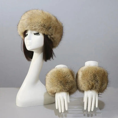 Women's fox fur coat 3-piece winter set, headband, hat and wrist warmers