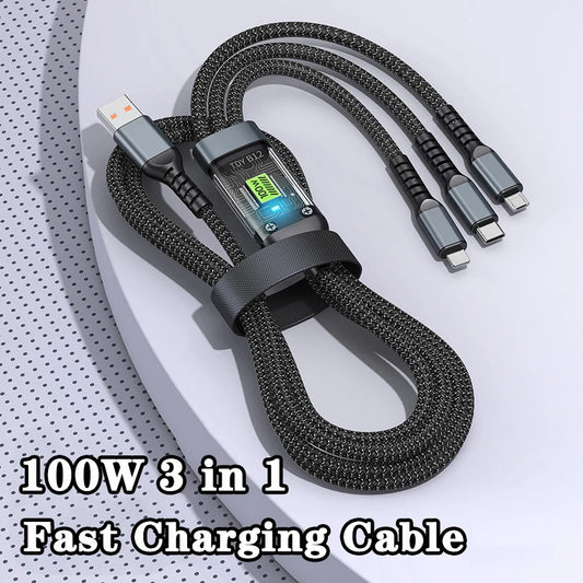100W Pikalatauskaapeli 3-in-1 - Punottu USB-C, Micro-USB & iPhone Latauskaapeli 1.2m