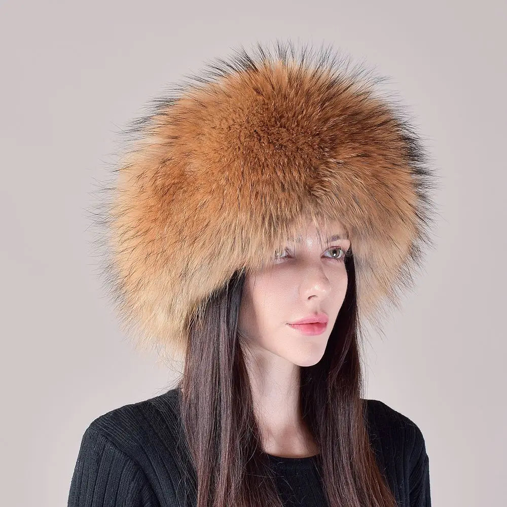 Women's genuine fox fur hat with earflaps, thick luxury winter hat