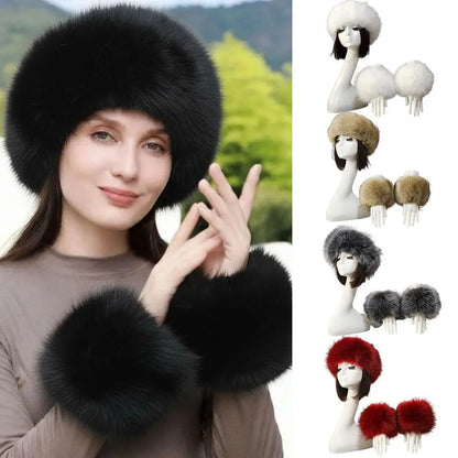Women's fox fur coat 3-piece winter set, headband, hat and wrist warmers