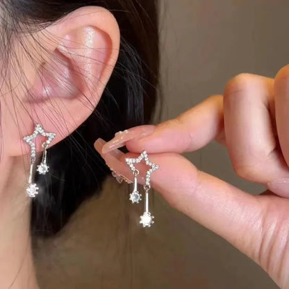 Star stud earrings with zirconia stones and tassels, trendy silver design