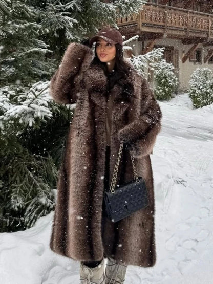 Long luxurious faux fur coat for women, lapel collar, long model