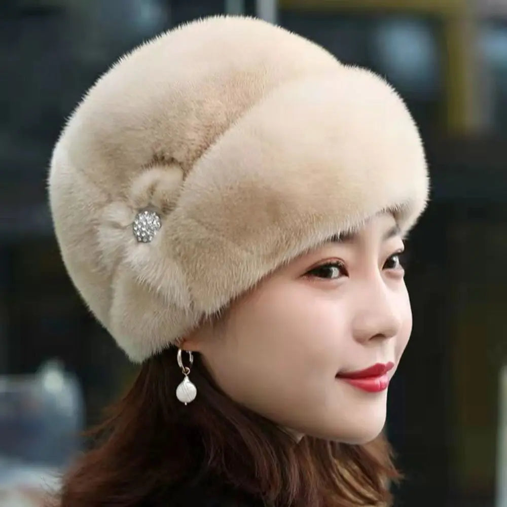 Women's rabbit fur hat with floral decoration, various colors