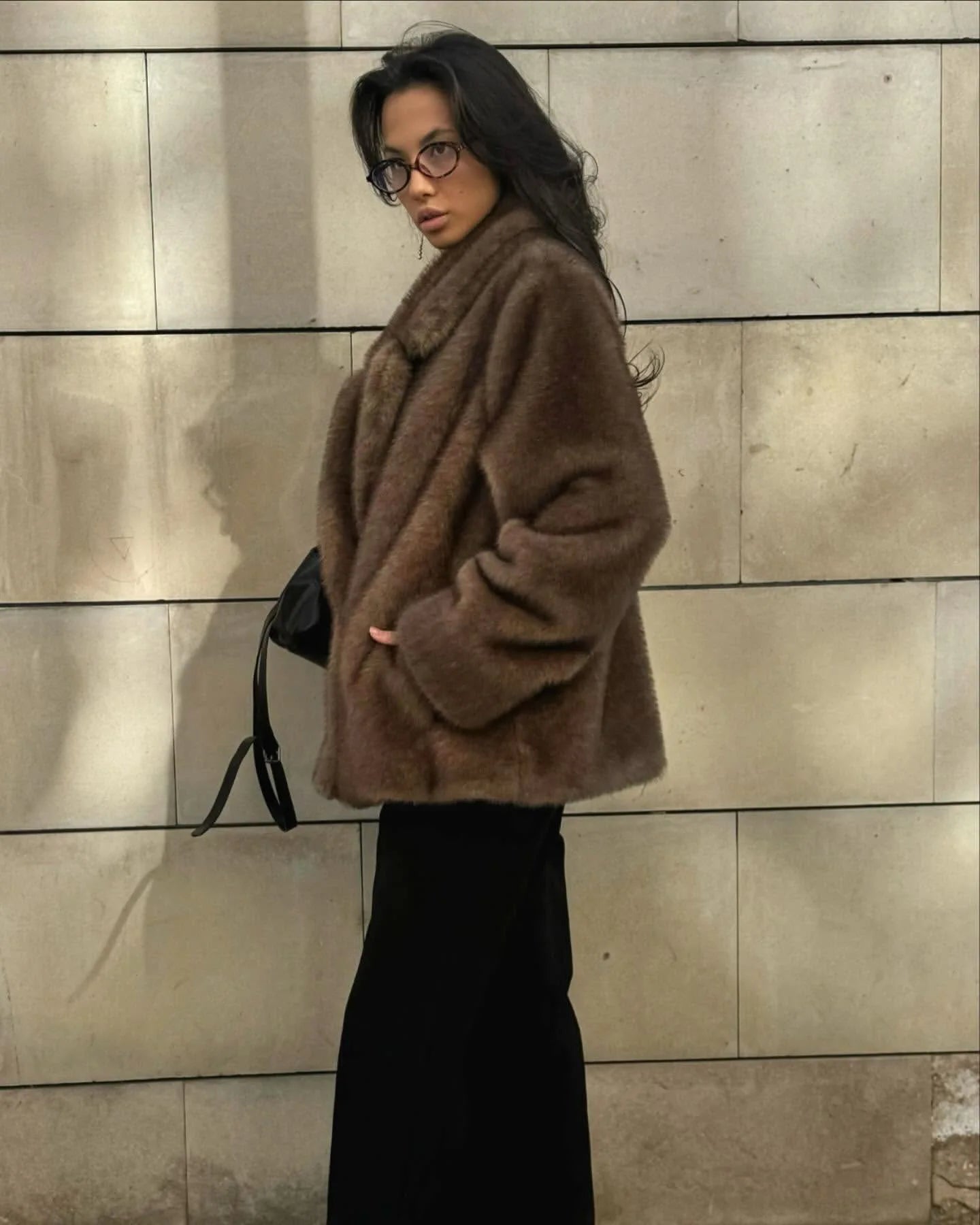 Brown mink faux fur coat for women, retro brown color