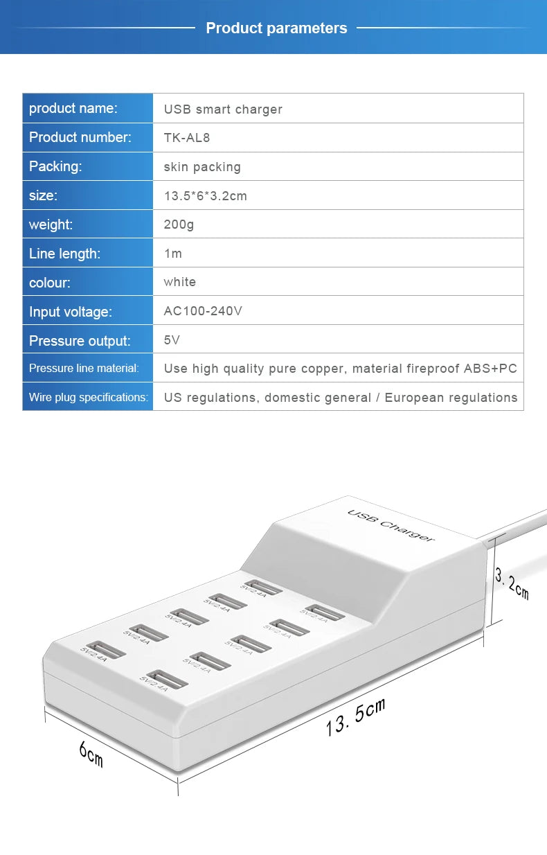 10-porttinen USB-latausasema 5V – Kannettava Pikalataustelakka Kotiin & Toimistoon – EU