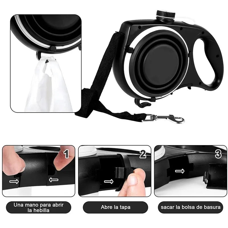 Multi-purpose dog leash, water bottle, bowl and poop bag dispenser