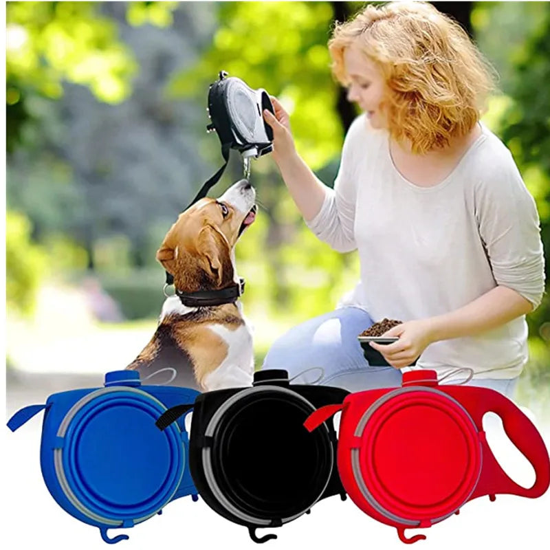 Multi-purpose dog leash, water bottle, bowl and poop bag dispenser