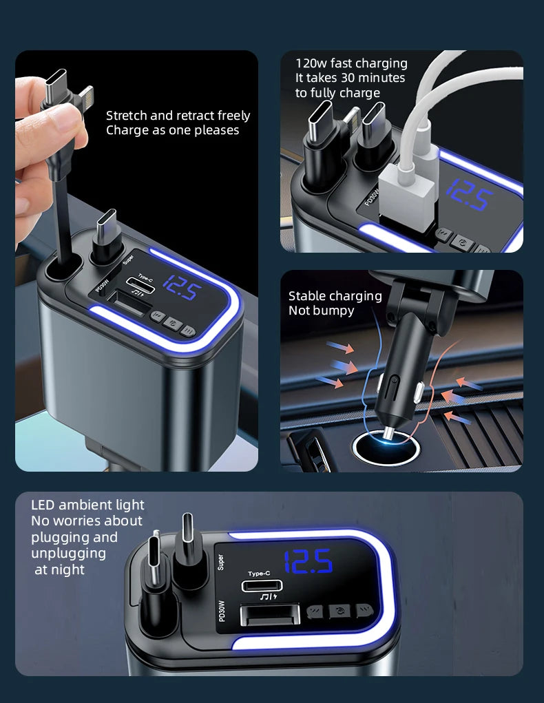 5-in-1 180W Autolaturi – Bluetooth 5.0 FM-lähetin, Pikalataus ja LED-valaistus