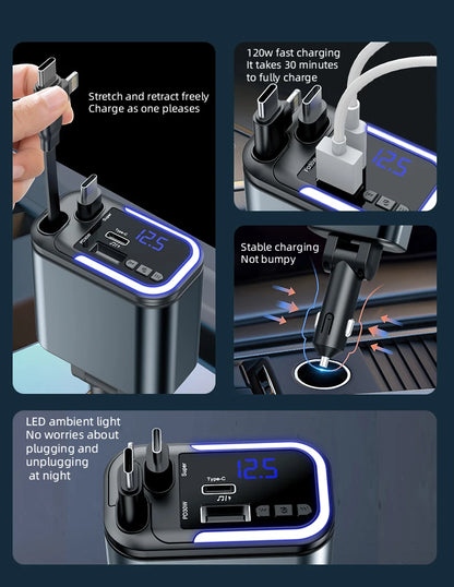5-in-1 180W Autolaturi – Bluetooth 5.0 FM-lähetin, Pikalataus ja LED-valaistus