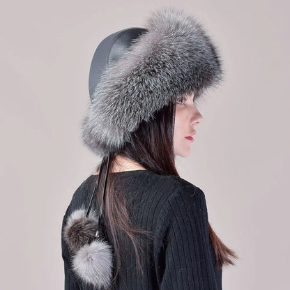 Women's genuine fox fur hat with earflaps, thick luxury winter hat