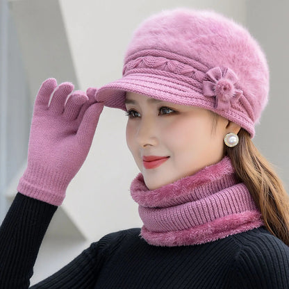 Women's winter hat and scarf set, fur-lined floral knitted hat