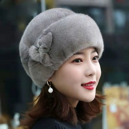 Women's rabbit fur hat with floral decoration, various colors