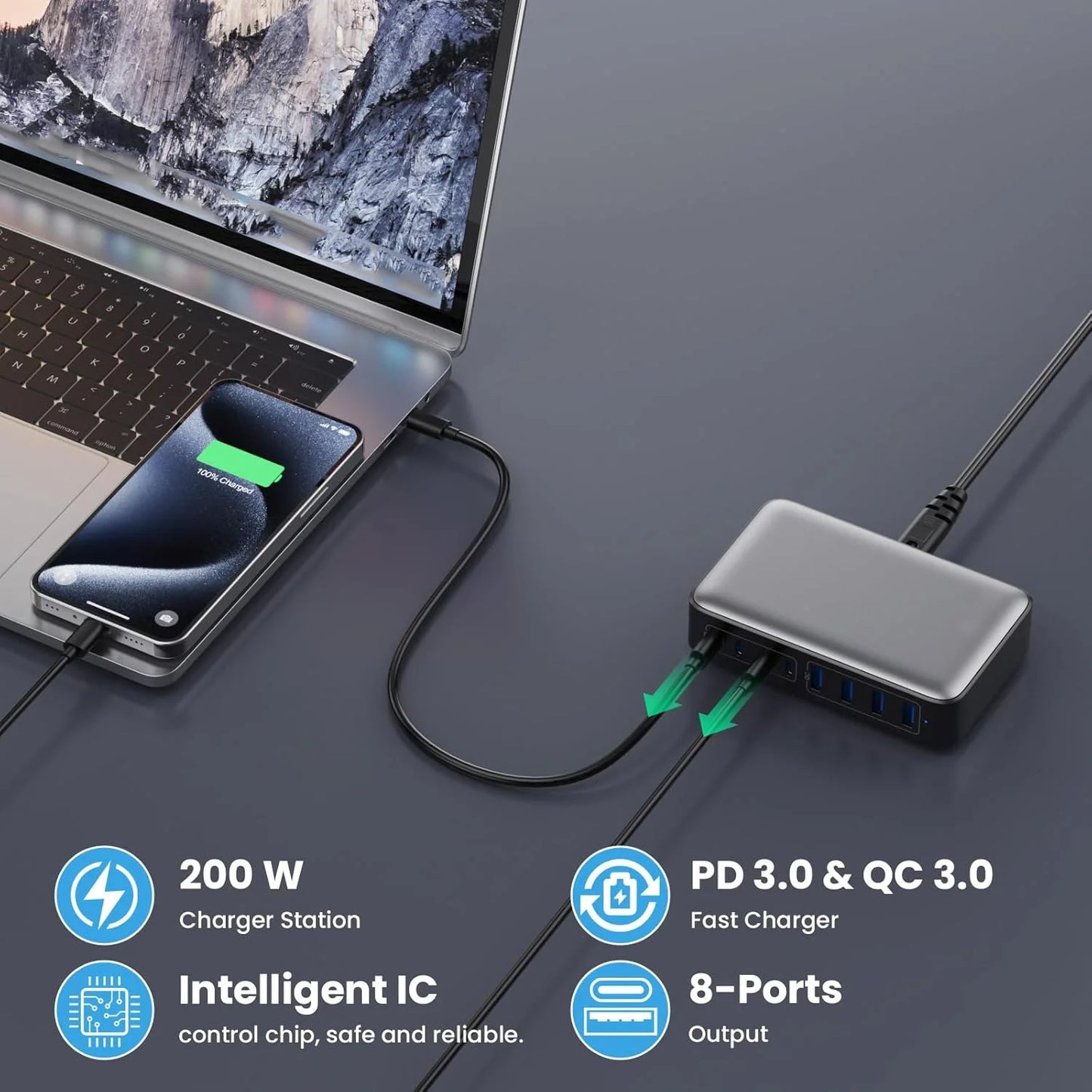 200W Pikalatausasema – 8-porttinen USB-C-keskitin 65W PD-laturilla