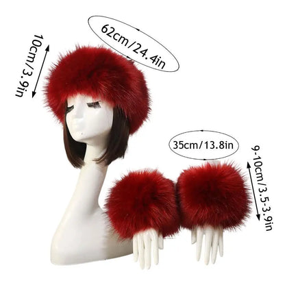 Women's fox fur coat 3-piece winter set, headband, hat and wrist warmers