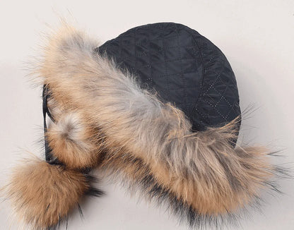 Women's genuine fox fur hat with earflaps, thick luxury winter hat