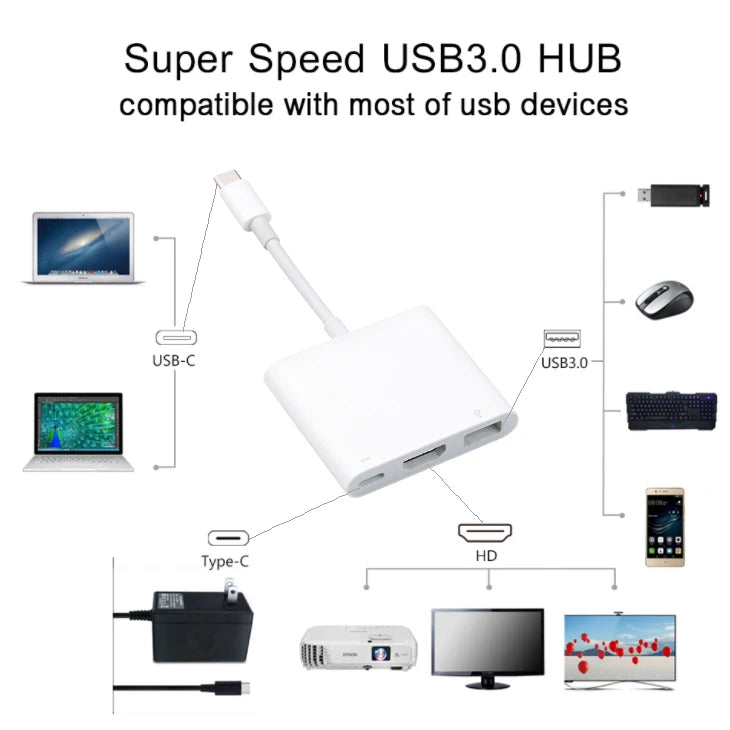 USB-C Hub HDMI 4K Adapteri - 3-in-1 Type-C Muunnin MacBook & Laptop