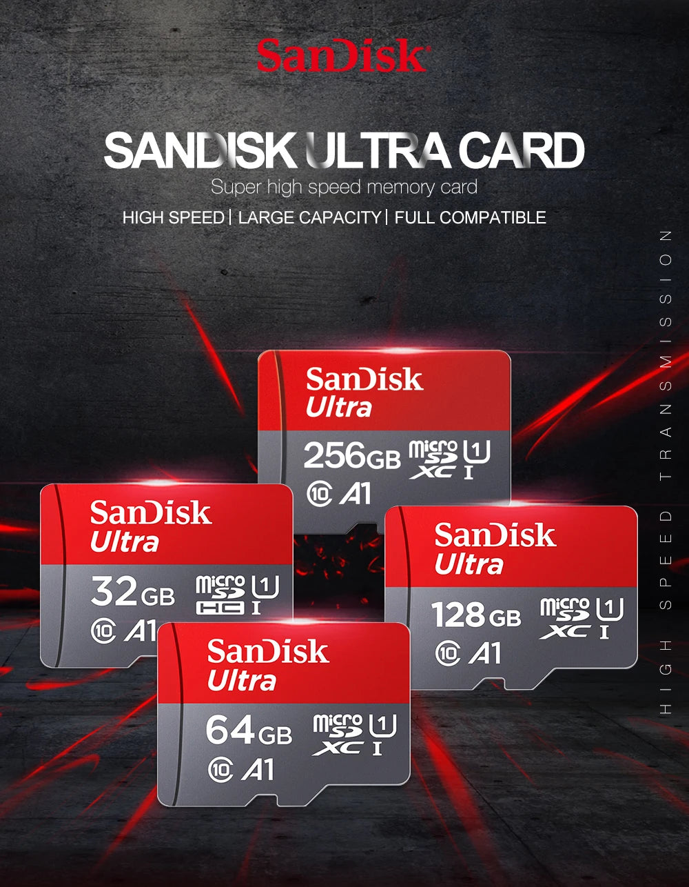 SanDisk MicroSD-muistikortti, 256GB/128GB/64GB/32GB, Class 10, UHS-1