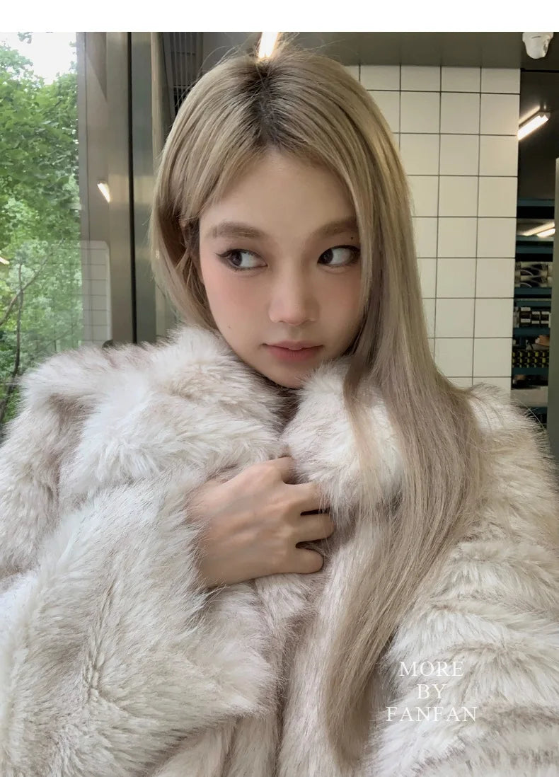 MYMX Faux fur jacket for women, large collar, short model