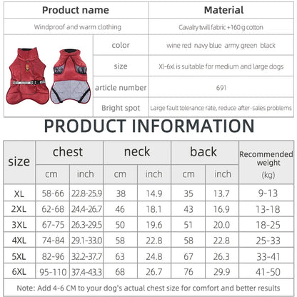 Dog winter coat for large dogs, warm and windproof