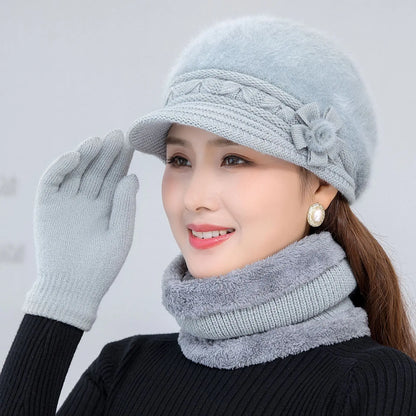 Women's winter hat and scarf set, fur-lined floral knitted hat