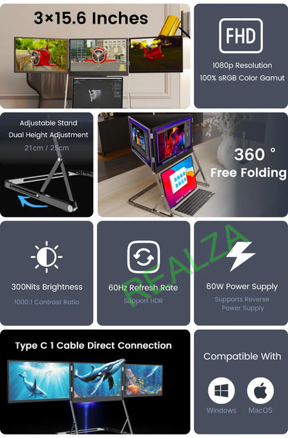 Triple-screen portable monitor, 15.6" Full HD IPS displays