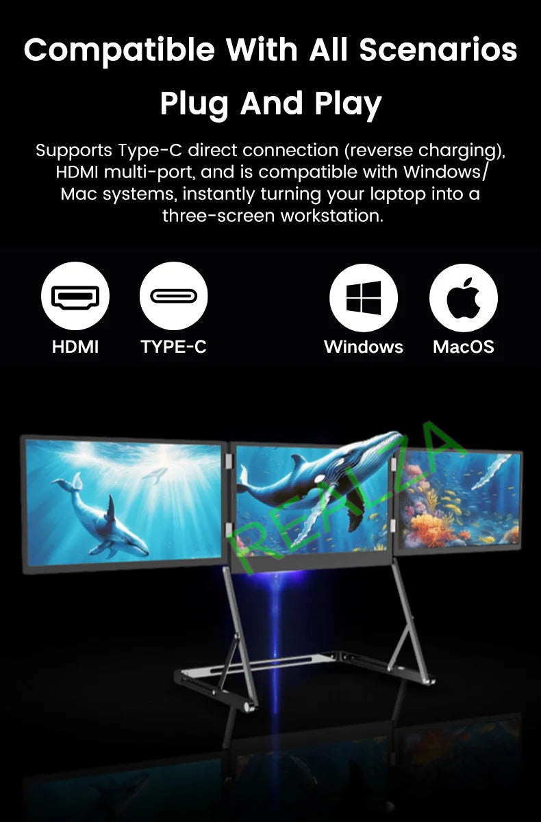 Triple-screen portable monitor, 15.6" Full HD IPS displays