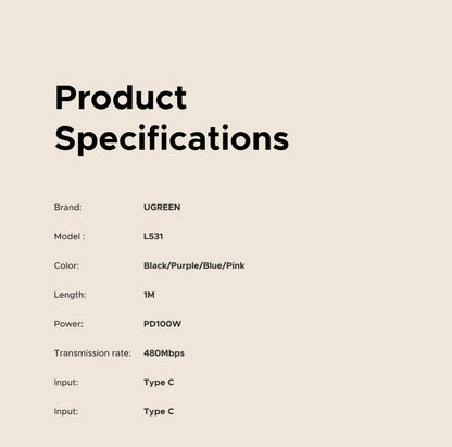 UGREEN Sisäänvedettävä USB-C Kaapeli 100W PD - MacBook, iPad, iPhone Pikalataus