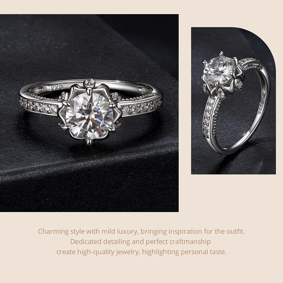 BAMOER Kukka Moissanite -sormus, 925 hopea, moissanite-kivi keskellä