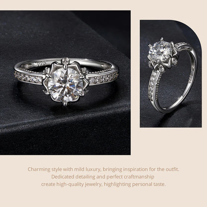 BAMOER Kukka Moissanite -sormus, 925 hopea, moissanite-kivi keskellä