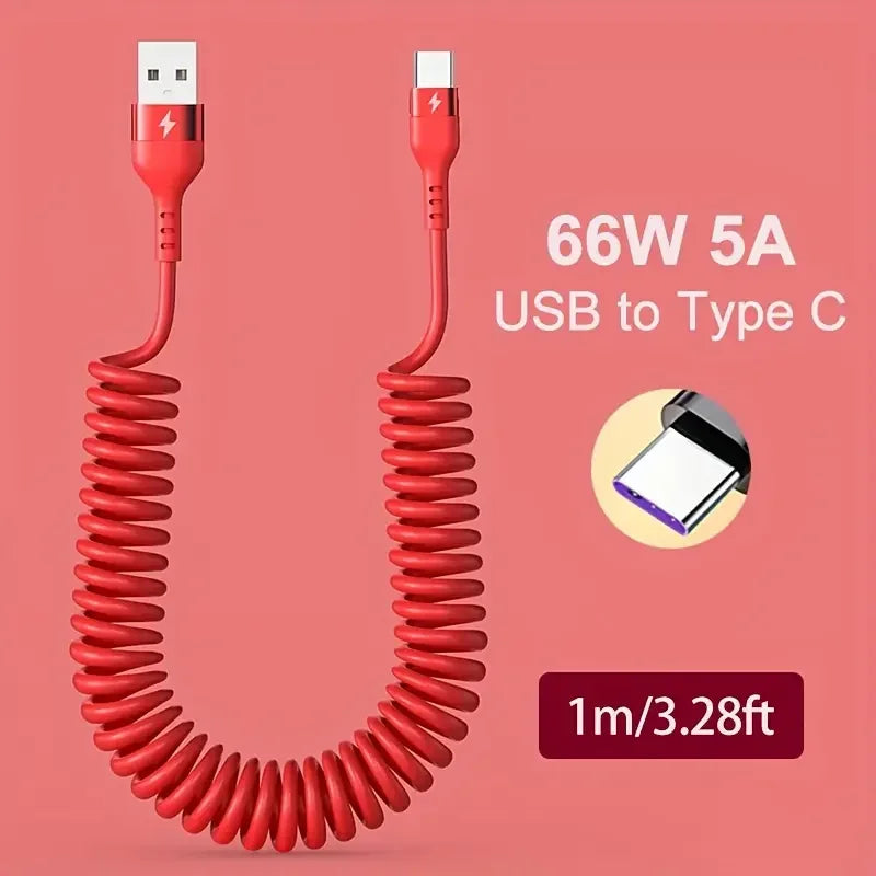 66W USB-C Kaapeli Sisäänvedettävä - 5A Pikalataus Type-C Jousimekanismilla