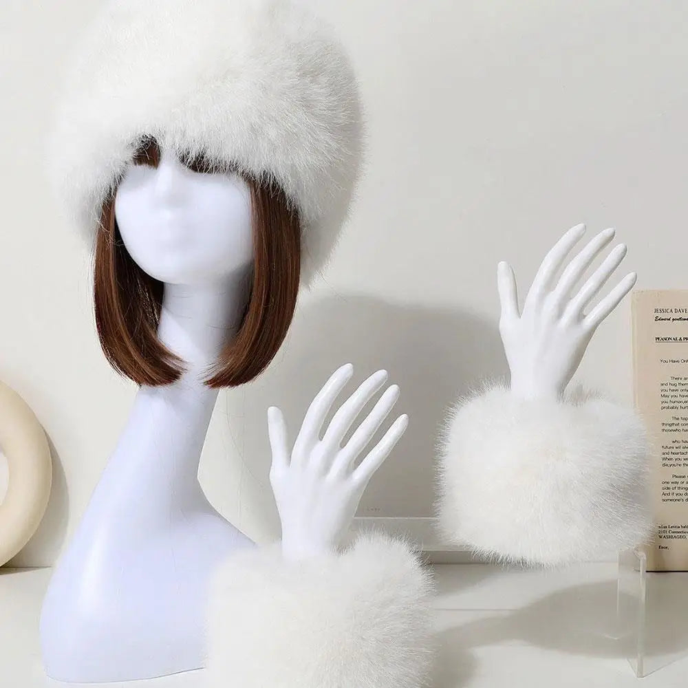 Women's fox fur coat 3-piece winter set, headband, hat and wrist warmers