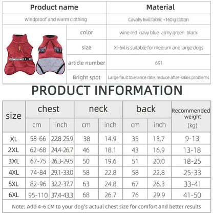 Dog winter coat for large dogs, warm and windproof