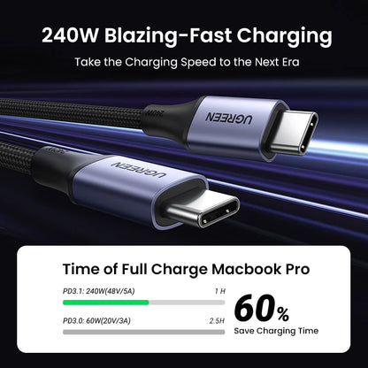 UGREEN 240W USB-C Latauskaapeli – Ultra-nopea PD 3.1 Pikalataus 5A – MacBook, iPad, Xiaomi