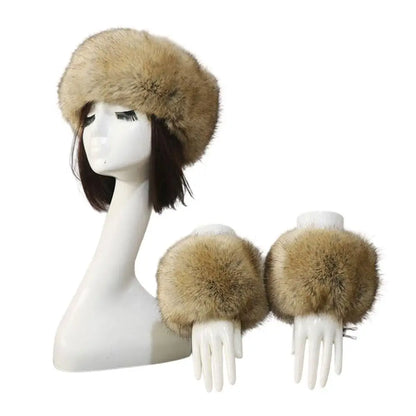 Women's fox fur coat 3-piece winter set, headband, hat and wrist warmers