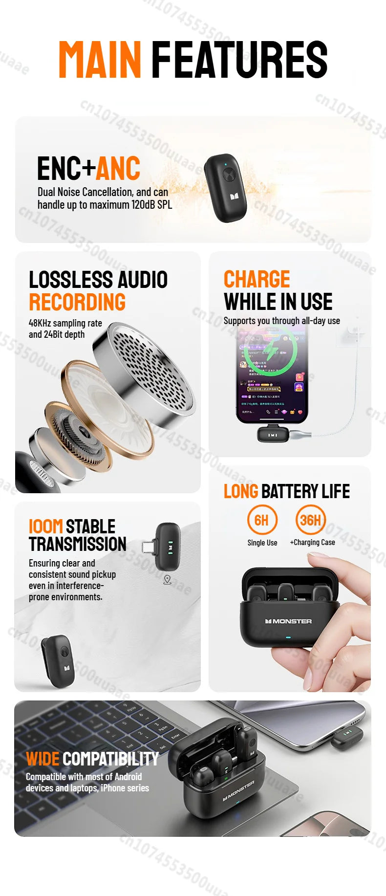 Monster N10 PRO Wireless Lavalier Microphone, 1 Receiver + 2 Transmitters