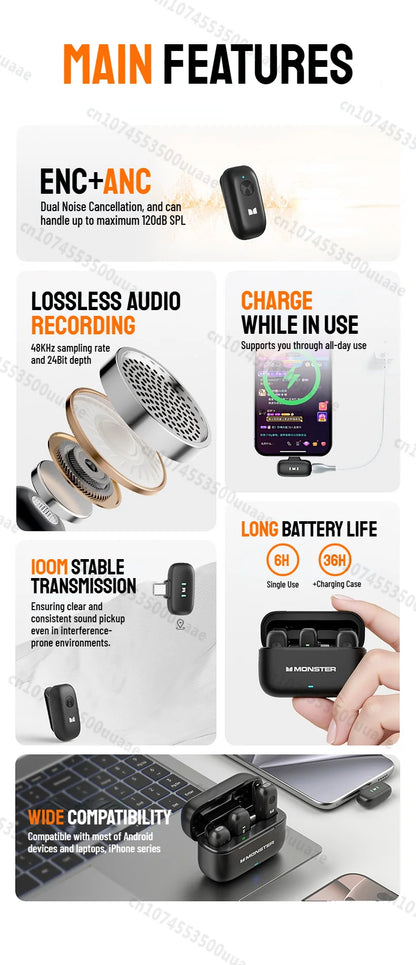 Monster N10 PRO Wireless Lavalier Microphone, 1 Receiver + 2 Transmitters