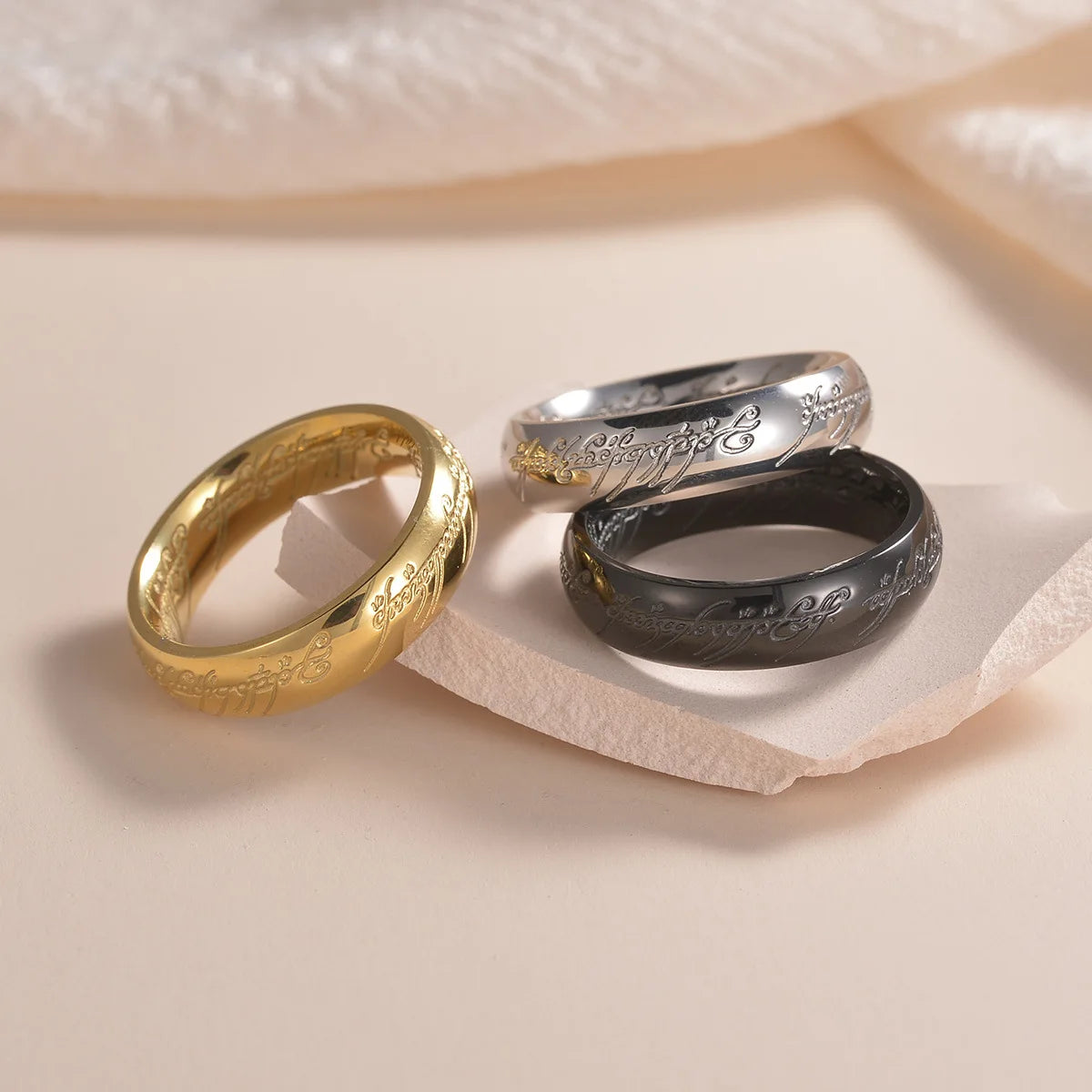 Rings of Power 3D engraved ring for men, gold or black