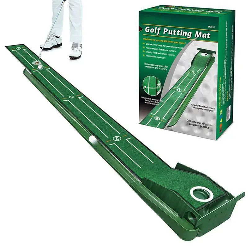 Golf putting practice mat, with guide lines and automatic ball return