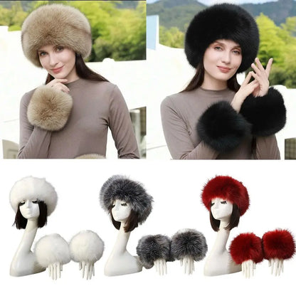 Women's fox fur coat 3-piece winter set, headband, hat and wrist warmers