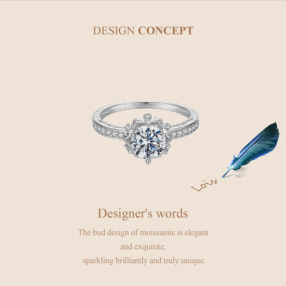 BAMOER Kukka Moissanite -sormus, 925 hopea, moissanite-kivi keskellä